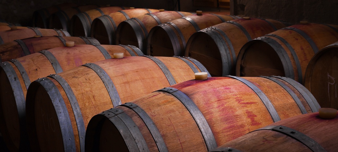 Barriles de vino en una antigua bodega de Ribera del Duero, Castilla y León