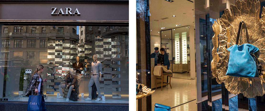 Izquierda: escaparate de tienda Zara. Derecha: interior de tienda Loewe. Madrid Izquierda: escaparate de tienda Zara. Derecha: interior de tienda Loewe. Madrid