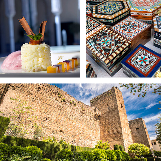 Sopra a sinistra: Riso con latte e datteri © Parador de Carmona. Sopra a destra: Casse Nazarí artigianato arabo a Granada. Sotto: Castello di Priego di Cordova © Turismo de Priego de Córdoba Sopra a sinistra: Riso con latte e datteri © Parador de Carmona. Sopra a destra: Casse Nazarí artigianato arabo a Granada. Sotto: Castello di Priego di Cordova © Turismo de Priego de Córdoba