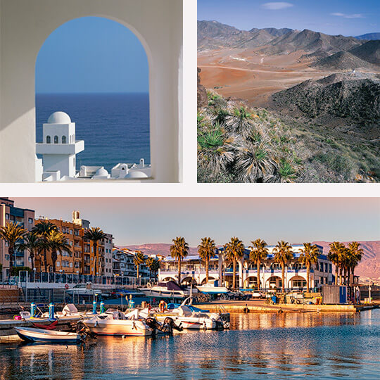 Arriba izquierda: Índalo en Mojácar. Arriba derecha: Cabo de Gata. Abajo: Puerto de Roquetas de Mar Arriba izquierda: Índalo en Mojácar. Arriba derecha: Cabo de Gata. Abajo: Puerto de Roquetas de Mar