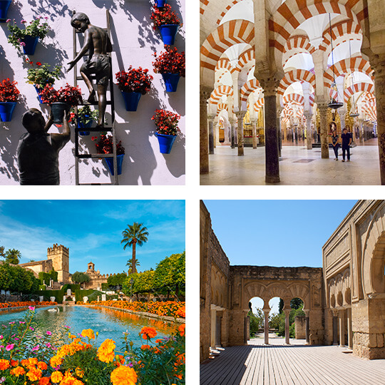 Arriba izquierda: Patios de Córdoba. Arriba derecha: Mezquita Catedral de Córdoba © Turismo de Andalucía. Abajo izquierda: Álcazar Reyes Católicos. Abajo derecha: Medina Azahara Arriba izquierda: Patios de Córdoba. Arriba derecha: Mezquita Catedral de Córdoba © Turismo de Andalucía. Abajo izquierda: Álcazar Reyes Católicos. Abajo derecha: Medina Azahara