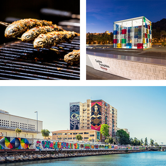 U góry z lewej: Espeto de sardina (grillowane sardynki na drewnianych patyczkach). U góry z prawej: Centrum Pompidou w Maladze © Ratusz w Maladze. U dołu: Graffiti w Dzielnicy Soho, Malaga U góry z lewej: Espeto de sardina (grillowane sardynki na drewnianych patyczkach). U góry z prawej: Centrum Pompidou w Maladze © Ratusz w Maladze. U dołu: Graffiti w Dzielnicy Soho, Malaga