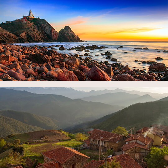 U góry: Zachód słońca w Cabo de Gata / U dołu: Dolina Liébana w Kantabrii U góry: Zachód słońca w Cabo de Gata / U dołu: Dolina Liébana w Kantabrii