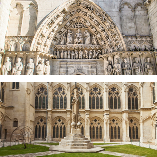 Above: Detail of the doorway of the Apostles in Burgos Cathedral, Castilla y León / Below: Interior courtyard of Burgos Cathedral, Castilla y León Above: Detail of the doorway of the Apostles in Burgos Cathedral, Castilla y León / Below: Interior courtyard of Burgos Cathedral, Castilla y León