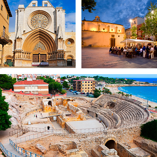 Arriba izquierda: Catedral de Santa Tecla. Arriba derecha: Terrazas en la Plaza del Rey © Joan Capdevila. Abajo: Anfiteatro Romano de Tarragona Arriba izquierda: Catedral de Santa Tecla. Arriba derecha: Terrazas en la Plaza del Rey © Joan Capdevila. Abajo: Anfiteatro Romano de Tarragona