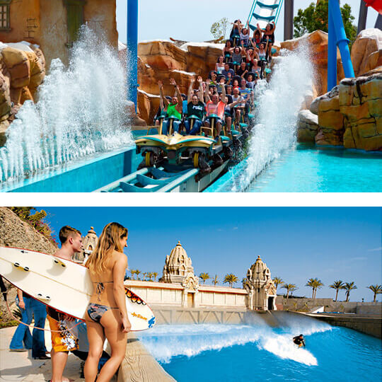 Sopra: Port Aventura, Tarragona. Sotto: Piscina ad onde di Siam Park, Tenerife. Sopra: Port Aventura, Tarragona. Sotto: Piscina ad onde di Siam Park, Tenerife.