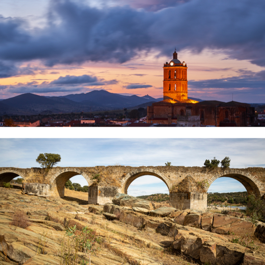 Sopra: veduta del paese di Zafra in Estremadura / Sotto: ponte che unisce il Portogallo e la Spagna a Olivenza, Estremadura Sopra: veduta del paese di Zafra in Estremadura / Sotto: ponte che unisce il Portogallo e la Spagna a Olivenza, Estremadura