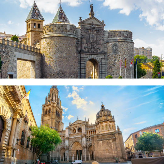 Arriba: Puerta de Bisagra, Toledo / Abajo: catedral de Toledo, Toledo. Arriba: Puerta de Bisagra, Toledo / Abajo: catedral de Toledo, Toledo.