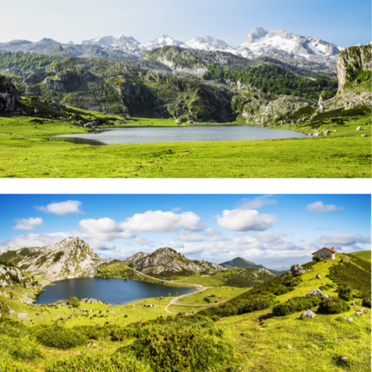 Arriba: vista del lago de Ercina / Abajo: lago Enol en el Parque Nacional de los Picos de Europa, Asturias Arriba: vista del lago de Ercina / Abajo: lago Enol en el Parque Nacional de los Picos de Europa, Asturias
