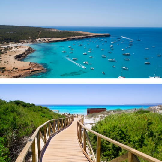 Sopra: Cala Saona / Sotto: Spiaggia Es Migjorn Sopra: Cala Saona / Sotto: Spiaggia Es Migjorn