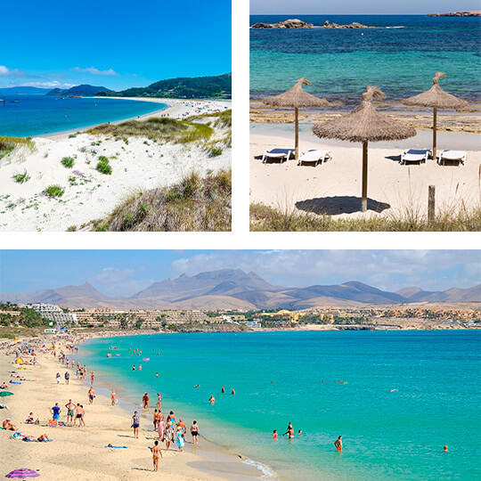 Arriba izquierda: Playa Rodas en las Islas Cíes. Arriba derecha: Playa Els Pujols, Formentera. Abajo: Costa Calma en Fuerteventura Arriba izquierda: Playa Rodas en las Islas Cíes. Arriba derecha: Playa Els Pujols, Formentera. Abajo: Costa Calma en Fuerteventura