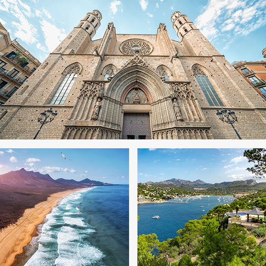 Arriba: Basílica de Sana María del Mar en Barcelona, Cataluña / Abajo izquierda: Playa de Cofete en Fuerteventura, Islas Canarias / Abajo derecha: Port Andraxt en Mallorca, Islas Baleares Arriba: Basílica de Sana María del Mar en Barcelona, Cataluña / Abajo izquierda: Playa de Cofete en Fuerteventura, Islas Canarias / Abajo derecha: Port Andraxt en Mallorca, Islas Baleares