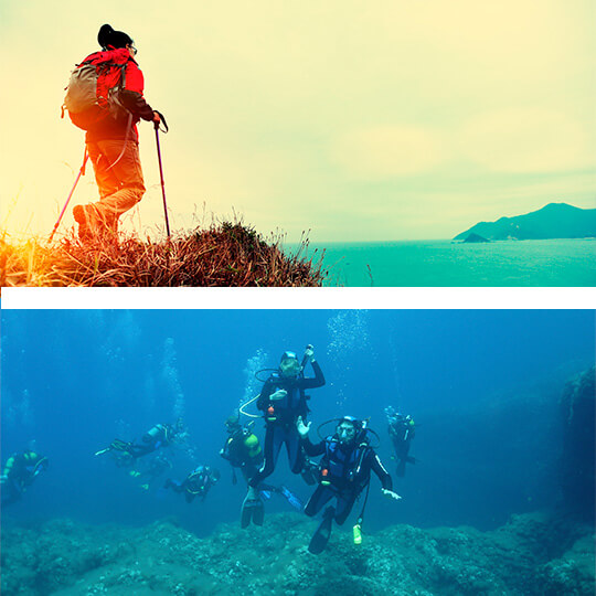 Arriba: Senderismo por la ruta Costera, Ibiza. Abajo: Buceo en Ibiza © Ibiza Travel Arriba: Senderismo por la ruta Costera, Ibiza. Abajo: Buceo en Ibiza © Ibiza Travel