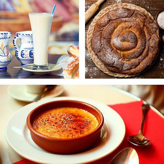 Arriba izquierda: Horchata de Valencia. Arriba derecha: Ensaimada de Mallorca. Abajo: Crema Catalana Arriba izquierda: Horchata de Valencia. Arriba derecha: Ensaimada de Mallorca. Abajo: Crema Catalana