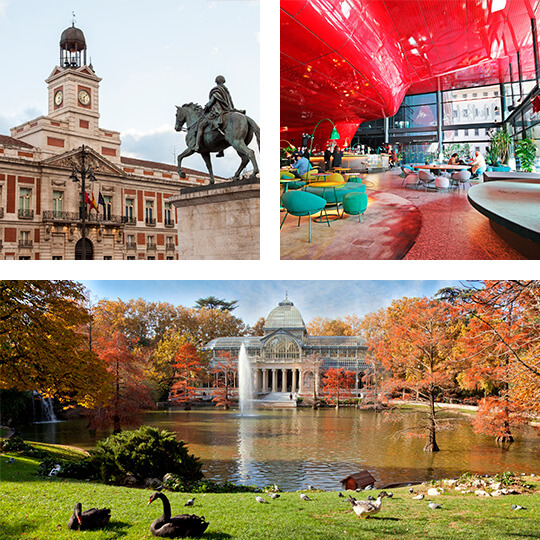 En haut à gauche : Puerta del Sol. En haut à droite : Cafétéria du musée Reina Sofía. En bas : Palais de Cristal dans le parc du Retiro. En haut à gauche : Puerta del Sol. En haut à droite : Cafétéria du musée Reina Sofía. En bas : Palais de Cristal dans le parc du Retiro.