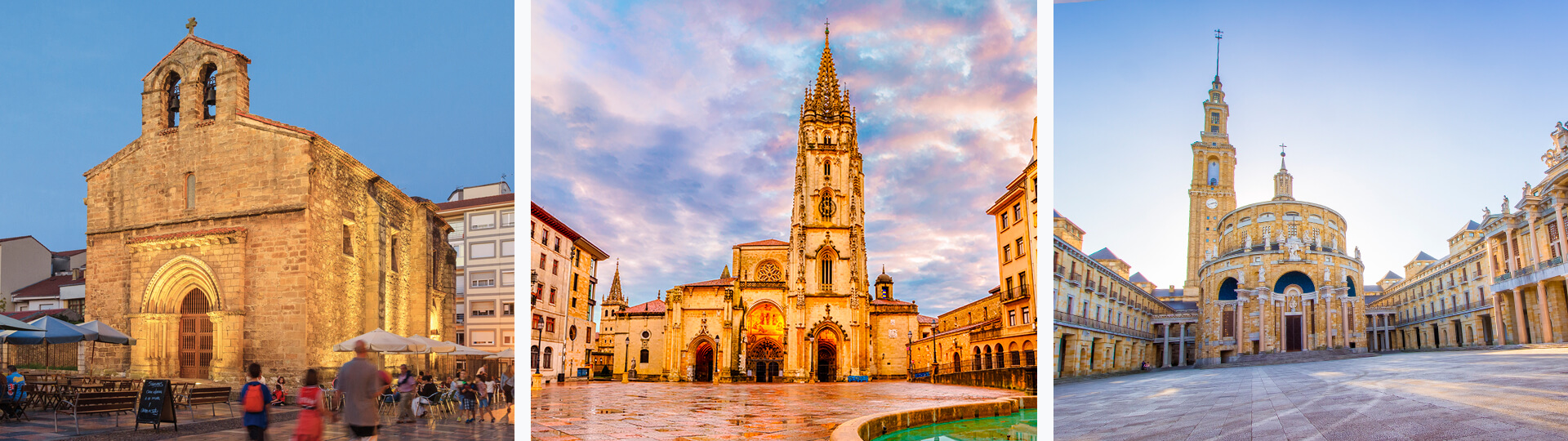 Da sinistra verso destra: Plaza Carballo ad Avilés, Cattedrale di Oviedo e Universidad Laboral di Gijón.
