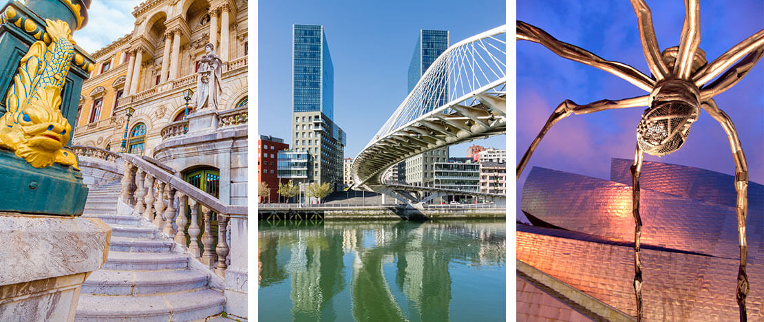 Izquierda: Ayuntamiento / Centro: Puente Zubizuri/ Derecha: Museo Guggenheim en Bilbao, País Vasco Izquierda: Ayuntamiento / Centro: Puente Zubizuri/ Derecha: Museo Guggenheim en Bilbao, País Vasco