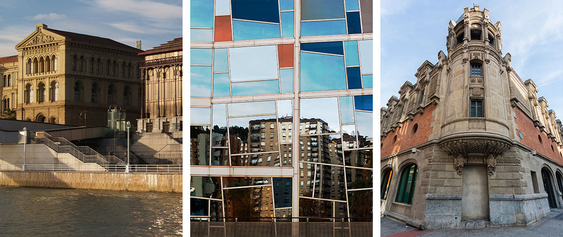 Izquierda: Universidad de Deusto / Centro: Palacio Euskalduna / Derecha: Alhondiga en Bilbao, País Vasco Izquierda: Universidad de Deusto / Centro: Palacio Euskalduna / Derecha: Alhondiga en Bilbao, País Vasco