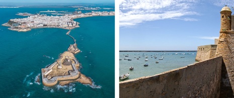  Left: Aerial view of Cadiz and San Sebastián Castle / Right: Santa Catalina Castle in Cadiz, Andalusia