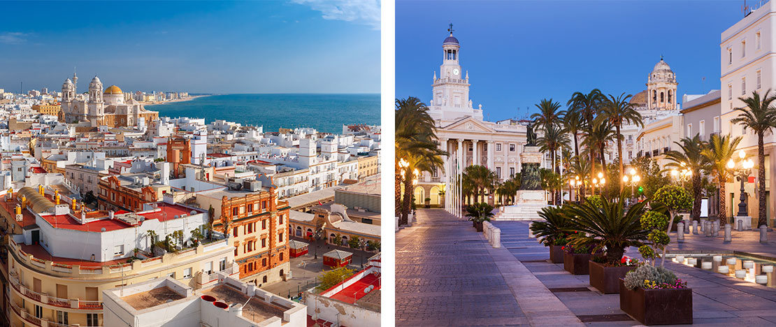 Izquierda: Vistas de Cádiz desde la Torre Tavira / Derecha: Plaza San Juan de Dios en Cádiz, Andalucía Izquierda: Vistas de Cádiz desde la Torre Tavira / Derecha: Plaza San Juan de Dios en Cádiz, Andalucía