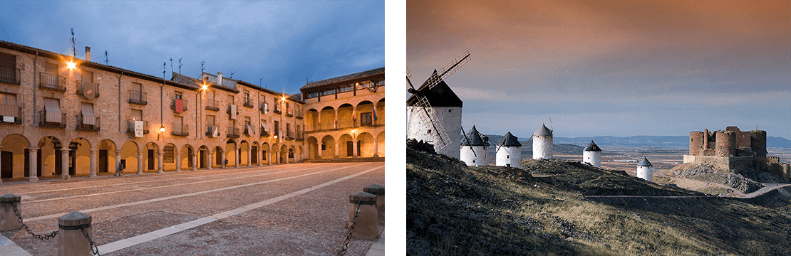 Izquierda: Plaza en Sigüenza (Guadalajara). Derecha: Molinos de Consuegra (Toledo) Izquierda: Plaza en Sigüenza (Guadalajara). Derecha: Molinos de Consuegra (Toledo)