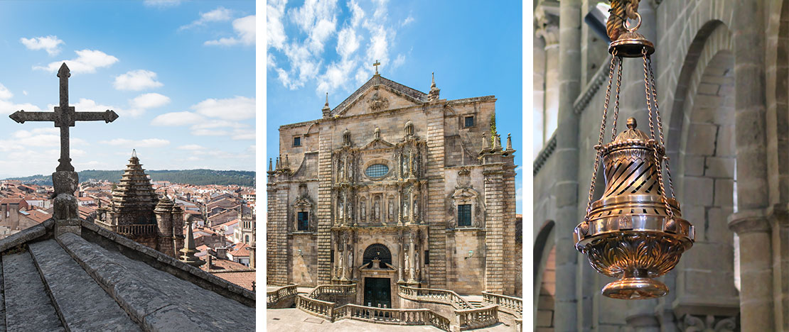 Izquierda: Vistas desde las cubiertas de la catedral / Centro: Fachada de la Iglesia de San Martiño Pinatario / Derecha: Botafumeiro en la catedral de Santiago de Compostela, Galicia Izquierda: Vistas desde las cubiertas de la catedral / Centro: Fachada de la Iglesia de San Martiño Pinatario / Derecha: Botafumeiro en la catedral de Santiago de Compostela, Galicia