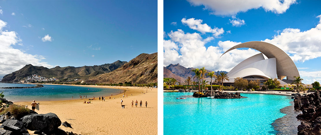 Izquierda: Playa de Las Teresitas / Derecha: Parque Marítimo César Manrique en en Santa Cruz de Tenerife, Islas Canarias Izquierda: Playa de Las Teresitas / Derecha: Parque Marítimo César Manrique en en Santa Cruz de Tenerife, Islas Canarias