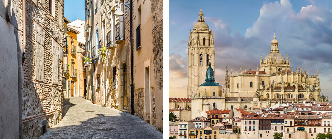Izquierda: Barrio judío / Derecha: Catedral de Segovia en Castilla y León Izquierda: Barrio judío / Derecha: Catedral de Segovia en Castilla y León