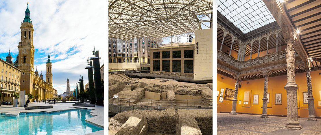 Izquierda: Plaza del Pilar / Centro: Museo del Teatro Caesaraugusta © Hydra Viridis / Derecha: Patio de la Infanta en Zaragoza, Aragón © Renata Sedmakova Izquierda: Plaza del Pilar / Centro: Museo del Teatro Caesaraugusta © Hydra Viridis / Derecha: Patio de la Infanta en Zaragoza, Aragón © Renata Sedmakova