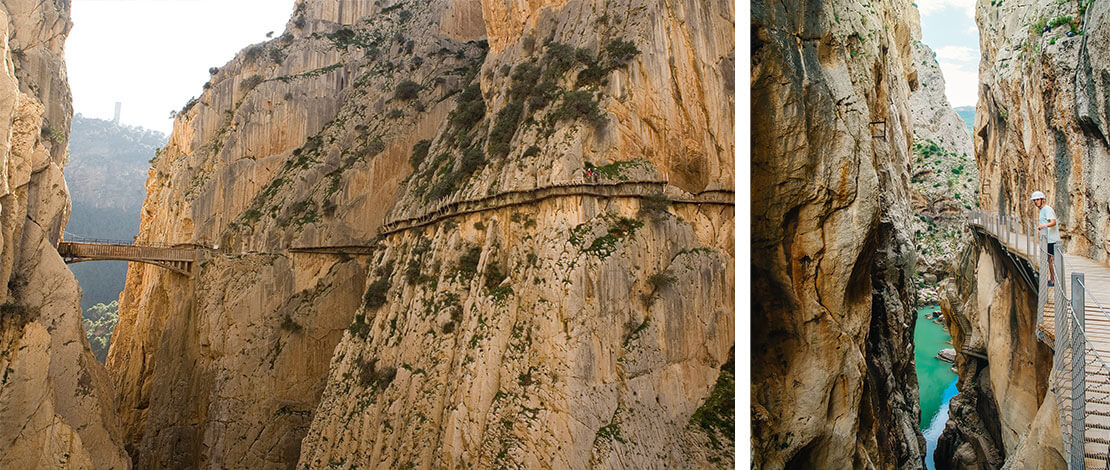 Varias imagenes del recorrido del Caminito del Rey en Málaga, Andalucía © Izquierda: Diputación de Málaga / Derecha: Pedro Giráldez Varias imagenes del recorrido del Caminito del Rey en Málaga, Andalucía © Izquierda: Diputación de Málaga / Derecha: Pedro Giráldez