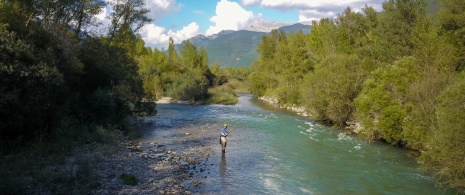 Turista practicando la pesca en el río Gállego en Huesca, Aragón