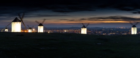 Night view of the windmills of Campo de Criptana in Ciudad Real, Castile-La Mancha