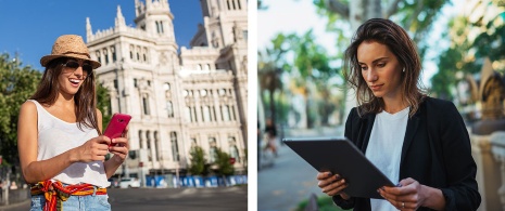 Da sinistra a destra ragazze a Madrid e Barcellona mentre usano i propri dispositivi di lavoro
