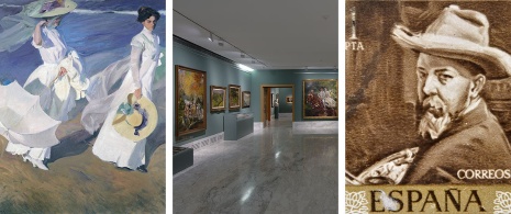 左：ソローリャの絵画「海辺の散策」 / 中央:バレンシア美術館のソローリャの間 © Museo Bellas Artes de Valencia / 右:ソローリャの自画像つきの切手 © Neftali、1964年頃