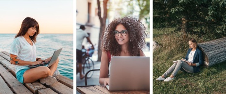 Immagini di persone che lavorano in ambienti diversi: mare, città e natura