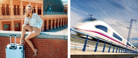 Sinistra: Turista nella stazione ferroviaria di Atocha, Madrid / Destra: Treno