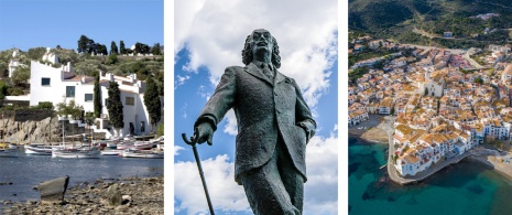 Left: Dalí's house in Portlligat/Centre: Dalí statue in Cadaqués © Pabkov/Right: View of Cadaqués in Girona, Catalonia